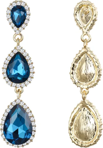 Miniatura 35 de EleQueen Pendientes de cristal austriaco en tono dorado para mujer, forma de pera de 2.5 pulgadas, color esmeralda