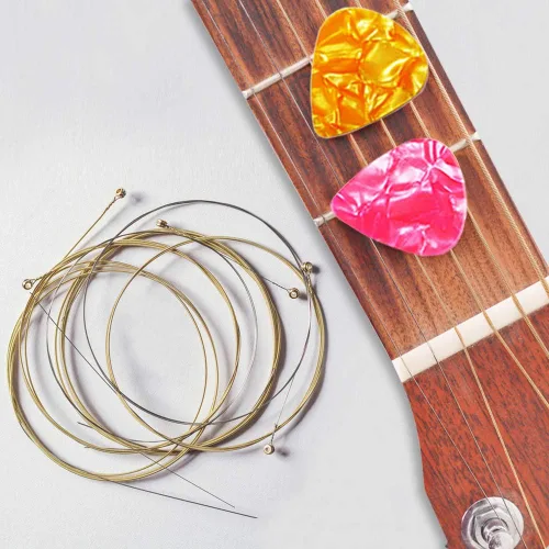 Miniatura 5 de Paquete de 3 cuerdas de guitarra acústica (oro, latón, multicolor) con púas de guitarra de celuloide, kit de bobinadora de cuerdas