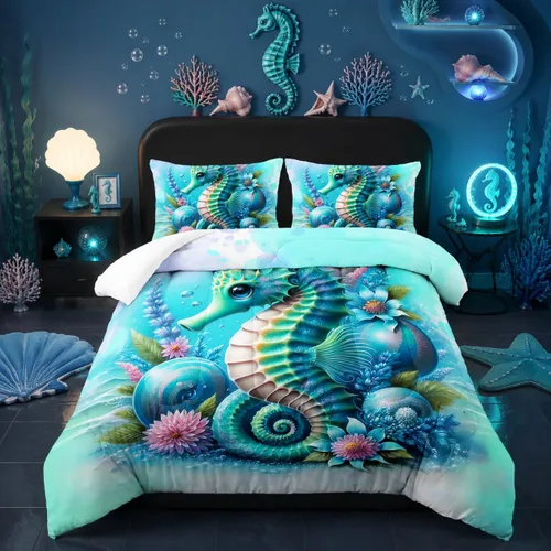 Miniatura 32 de Juego de edredón de 3 piezas con tema de hadas y sirenas, edredón de tamaño individual con escamas de peces marinos, corona de coral, ropa de cama