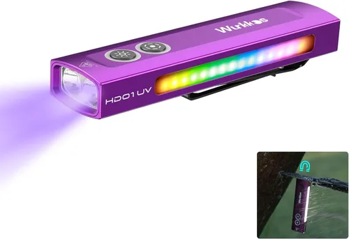 Wurkkos HD01 Linterna UV, linterna EDC recargable, linterna LED con luz UV de 365 nm, linterna plana de 1200 lúmenes con RGB, luz de bolsillo para