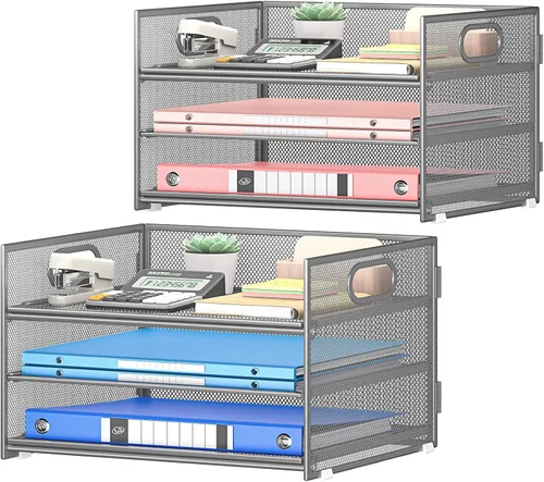Miniatura 10 de SUBEKYU 2 paquetes de organizador de bandejas de cartas de 3 niveles para escritorio, organizador clasificador de archivos de malla metálica negra