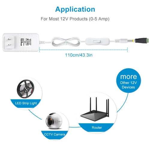Miniatura 8 de Fuente de alimentación de 12 V, fuente de alimentación de 12 voltios 3A 36 W CC con interruptor de encendido y apagado, adaptador de corriente LED