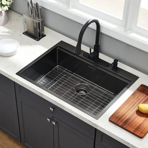 Miniatura 8 de Fregadero de cocina con plato individual con tabla de cortar, 30 x 22 x 10 pulgadas, color negro plomizo, acero inoxidable calibre 16 Negro