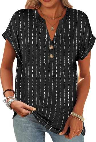 Miniatura 24 de ANRABESS - Camisetas Henley de manga corta para mujer, cuello en V, elegantes, estilo informal, de corte suelto; blusas fluidas de verano, ropa