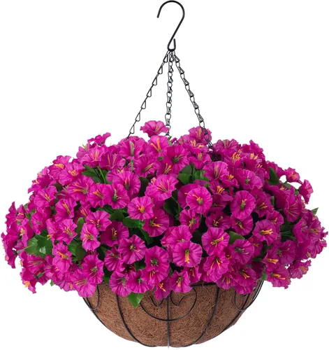 Miniatura 7 de Homsunny Plantas artificiales colgantes con cesta para exteriores, petunias falsas, de seda, para exteriores, porche, patio, balcón, jardín