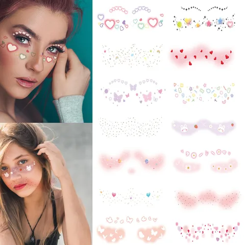 Miniatura 9 de 14 hojas de calcomanías de tatuajes temporales para mujeres, con purpurina, mariposa, corazón, flores, maquillaje, impermeables, accesorios
