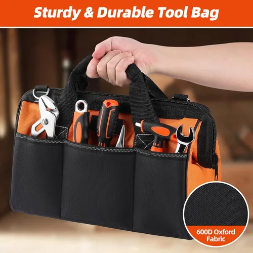Miniatura 5 de Bolsa de Herramientas de 14'', Organizador de Herramientas con Bolsillo Exterior Grueso Impermeable, Bolsa Resistente con Correa para el Hombro
