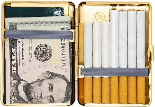 Miniatura 5 de Juego de 2 cajas de cigarrillos compactas chapadas en metal tamaño King con bandas elásticas (pergamino victoriano dorado)