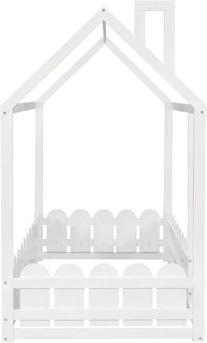 Miniatura 7 de Harper & Bright Designs Camas de casa para niños, cama de piso individual con valla de madera, marco de cama de cabaña que se puede decorar