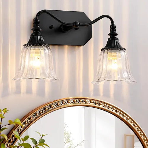 LmnLvn Lámpara de tocador de baño, 2 luces de baño, acabado de latón antiguo mate con pantalla de cristal, luz de tocador vintage para baños
