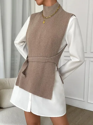 Miniatura 4 de SweatyRocks Chaleco de punto elegante de cuello alto sin mangas para mujer, con cinturón lateral dividido