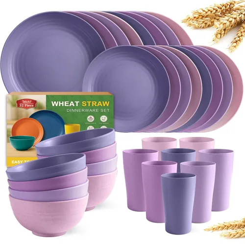 Miniatura 20 de Teivio - Juego de vajilla de paja de trigo de 32 piezas para cocina, juego de platos de plástico irrompible, servicio para 8, juego moderno de Negro
