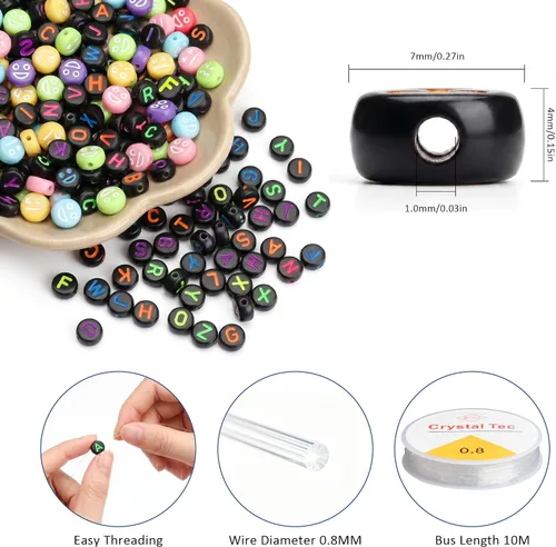 Miniatura 2 de 1500 cuentas de letras negras y emoticonos mixtos para enhebrar, cuentas redondas acrílicas de 0.15 x 0.27 pulgadas con 1 rollo de cuerda de cristal