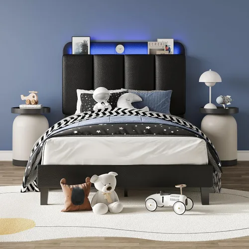 BarnFurin Base de cama individual con luces LED, plataforma tapizada con cabecera de almacenamiento, marco de cama individual, sin ruido, no