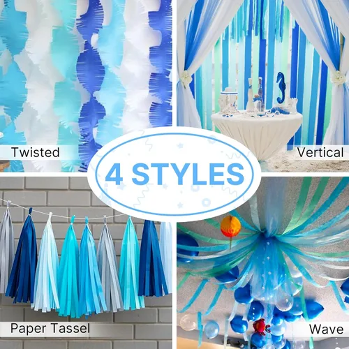 Miniatura 5 de PartyWoo Serpentinas de papel crepé azul 6 rollos 492 pies Paquete de papel crepé azul bebé pastel claro para graduación, baby shower, revelación
