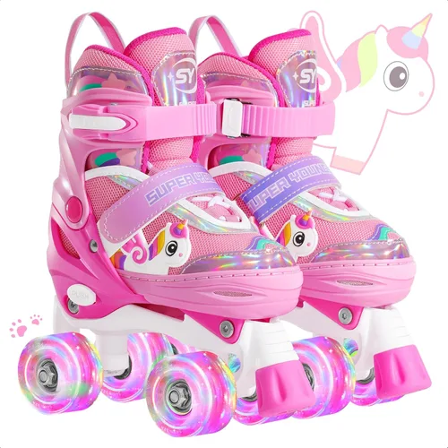 SUPER YOUNGSTER Patines de ruedas ajustables con luces LED para niñas, diseño de unicornio para niñas de 4 a 6, 5 a 8, 8 a 12 años, patines para Rosa