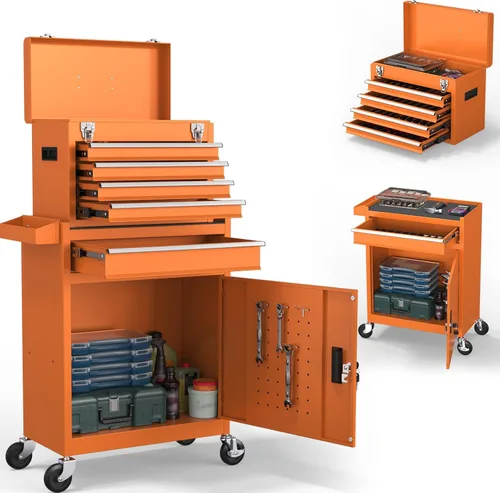 Miniatura 9 de Cofre de herramientas de 5 cajones, caja de herramientas rodante 2 en 1 con ruedas y cajones, caja de herramientas de almacenamiento desmontable
