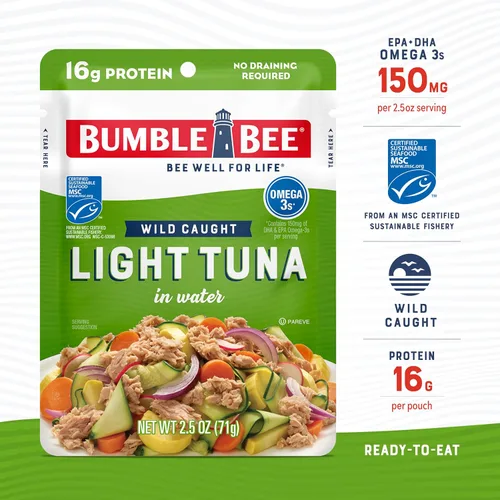 Miniatura 3 de Bumble Bee Chunk Light Atún en agua, bolsas de 2.5 onzas (paquete de 3) – Paquete de atún capturado salvaje listo para comer, 0.63 oz de proteína