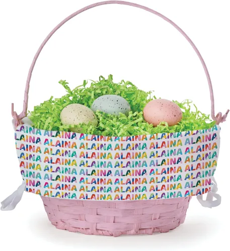 Patrón colorido con nombre para ella, cesta de huevo de Pascua personalizada con asa y nombre personalizado | Forros de cesta de Pascua blancos |
