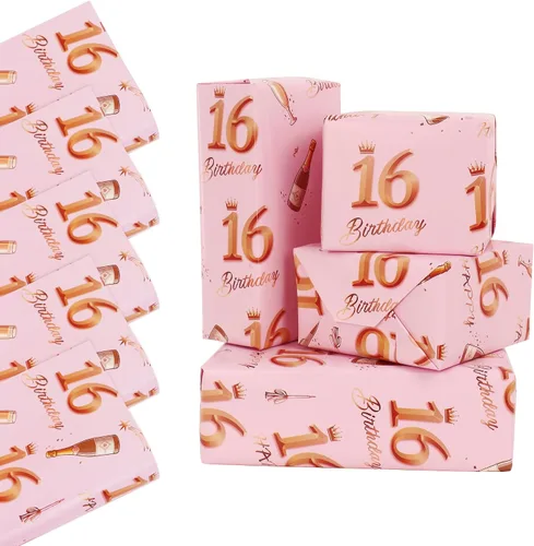 Zayin Papel de regalo de cumpleaños número 16, 5 hojas de papel de regalo de feliz cumpleaños de 27.6 x 19.7 in, color oro rosa, para niñas y