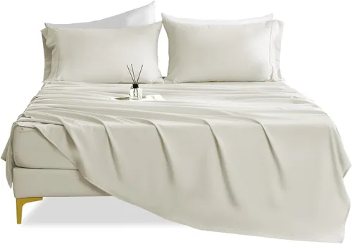 Miniatura 64 de CozySmile Juego de sábanas transpirables y refrescantes, sábanas de lujo de 4 piezas con bolsillo profundo para cama de tamaño matrimonial, se Beige