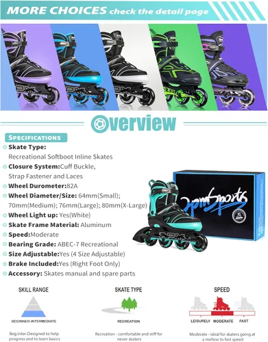 Miniatura 6 de 2PM SPORTS Patines en línea ajustables para niños de 4 a 12 años, patines en línea juveniles para niñas y niños de 5 a 8 a 12 años con ruedas de luz