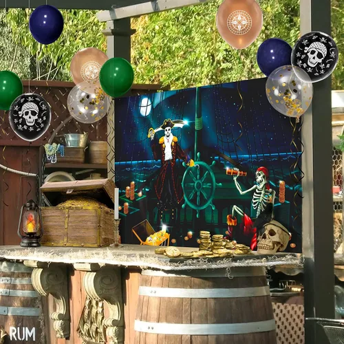 Miniatura 6 de Cheerland Telón de fondo de tela para fiesta de cumpleaños de pirata, decoración de Halloween, esqueleto de cráneo, piratas, cartel de puerta