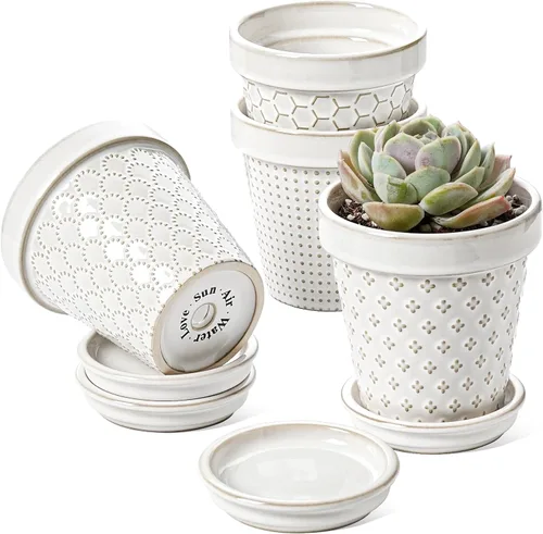 LE TAUCI Macetas de cerámica para suculentas, maceta pequeña de 4 pulgadas para planta de interior cactus, macetas con flores en relieve con