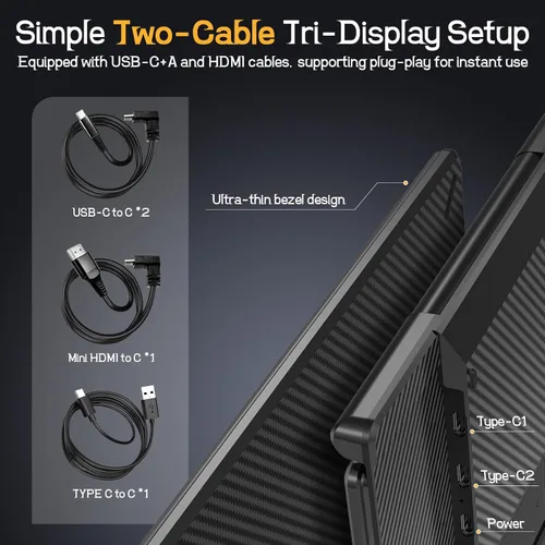 Miniatura 6 de Extensor de pantalla para laptop, monitor portátil triple ultradelgado FHD 1080P de 14 pulgadas para portátiles, extensor de monitor de viaje USB-C