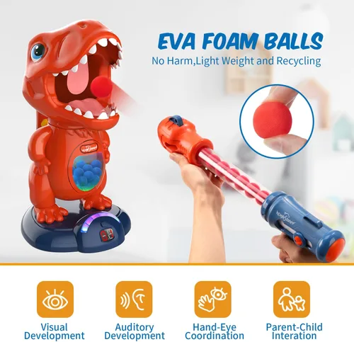 Miniatura 4 de EagleStone - Juguetes de dinosaurio móvil de tiro para niños, juegos electrónicos de disparo al blanco con 2 pistolas de bomba, 48 bolas, juguetes