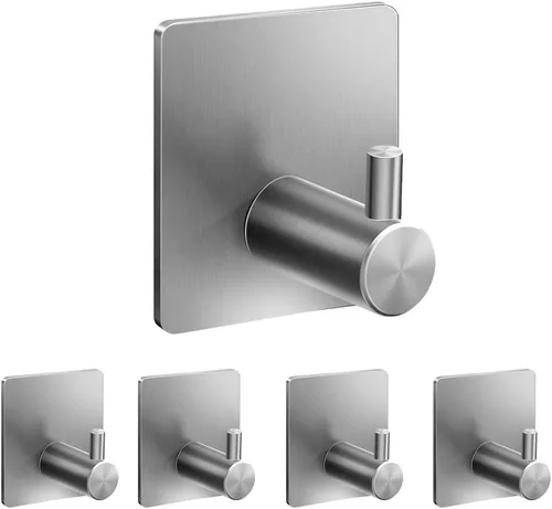 xdgeLoad Ganchos de toalla para baño, paquete de 5 ganchos adhesivos plateados de pared, acero inoxidable mate, para pegar, toalla colgante, abrigo,
