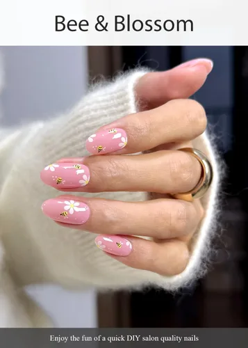 Miniatura 2 de AutyaMee Tiras de uñas de gel semicuradas (abeja y flor), 20 unidades de envolturas de uñas de gel, calcomanías, rosa nude, calidad de salón