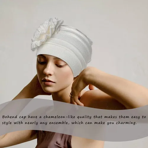 Miniatura 7 de Bohend Diadema con diseño de flores para mujer, gorro elástico preatado, bufanda preatada, gorro para la cabeza