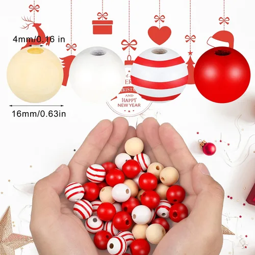 Miniatura 4 de Jetec 160 cuentas de madera coloridas de Navidad para manualidades de 0.632 pulgadas (0.630 in), rústicas, naturales, redondas, de madera pulida