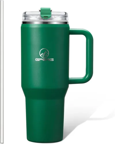 Miniatura 9 de Gpeng 30/40/50 oz Vaso con asa, botellas de agua con tapa de popote, taza de viaje de acero inoxidable aislada compatible con portavasos, mantiene