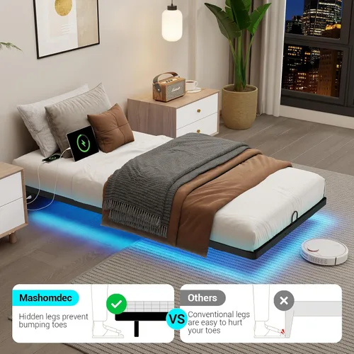 Miniatura 5 de Twin XL Size Floating Metal Bed Frame with Smart LED Lights & Charging Station, Metal Platform Bed Base No Box Spring Needed, Easy Assembly, Noise