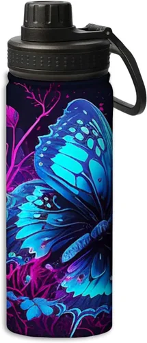 Miniatura 14 de Botella de agua deportiva a prueba de fugas con diseño de conejito junto a flores lilas, 18 onzas, de acero inoxidable duradero de doble pared