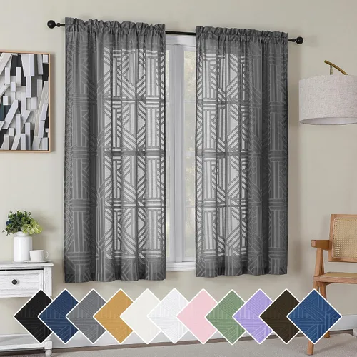 Miniatura 21 de Simplebrand Cortinas traslúcidas negras de cocina de 24 pulgadas de largo, 2 paneles, filtrado de luz, geométrico jacquard con textura, cortinas