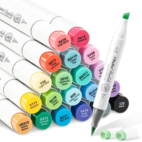 Marcadores de Alcohol Ohuhu con Punta de Pincel, 24 Colores Básicos con Certificación AP de Doble Punta a Base de Alcohol, Juego de Marcadores de