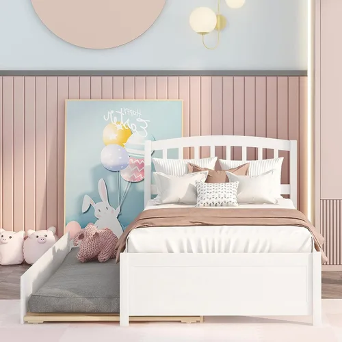 Miniatura 3 de Base de cama individual de madera maciza para niños con nido y cabecera curvada, base de cama de plataforma de perfil bajo con soporte de listones