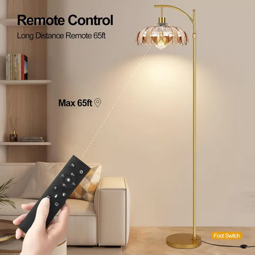 Miniatura 4 de AHDWDW Lámpara de pie de arco dorada para sala de estar con control remoto, lámparas de pie modernas regulables con pantalla de vidrio ámbar