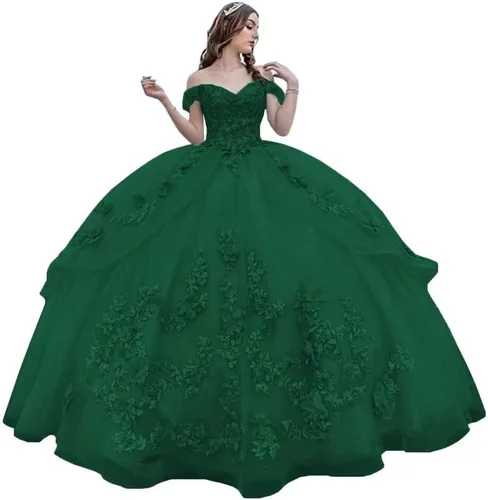 Mauuwy Vestidos de quinceañera florales en 3D, vestido de baile de tul brillante hinchado dulce 16 vestidos de encaje con hombros descubiertos