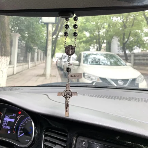 Miniatura 4 de HanlinCC Medalla de protección contra el mal de San Benito para espejo retrovisor de coche o camión (rosario de coche anti-plateado)