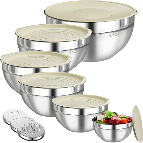 Juego de cuencos de mezcla con tapas, 6 piezas de cuencos de acero inoxidable con 3 accesorios para rallar, organizadores de almacenamiento de Caqui