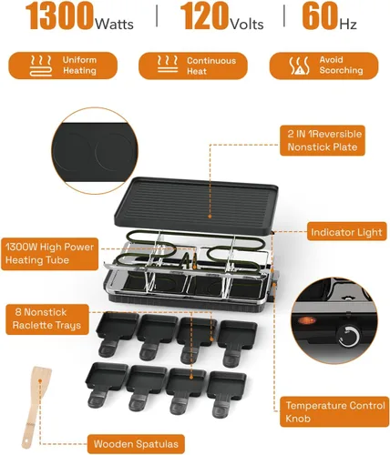 Miniatura 7 de HBN Parrilla eléctrica de mesa Raclette con 8 bandejas de calentamiento, parrilla coreana 2 en 1 y plancha eléctrica antiadherente, control