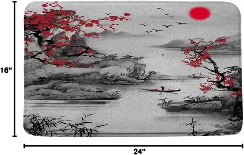 Miniatura 3 de Alfombra de baño de decoración asiática, ramas de ciruelo rojo, árboles japoneses, sol y montañas brumosas, arte de tinta tradicional china