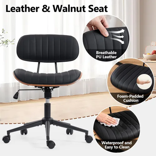 Miniatura 5 de Silla de oficina para el hogar Newnno con ruedas, silla de escritorio de altura ajustable de cuero giratoria, silla moderna sin brazos de nogal