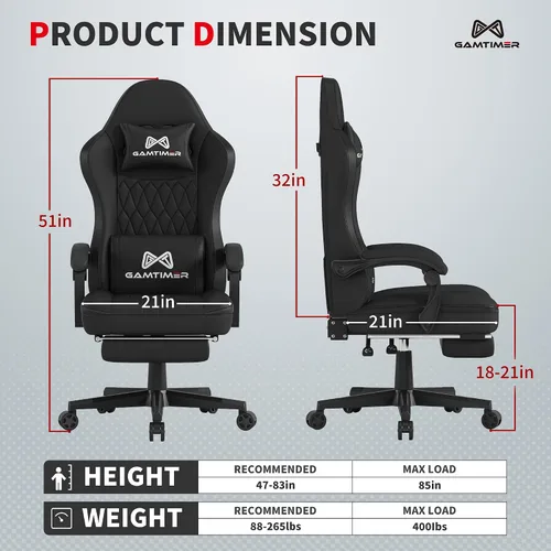 Miniatura 3 de Gamtimer Silla de juegos con reposapiés, silla ergonómica para computadora, material transpirable de poliuretano con reposacabezas y soporte lumbar
