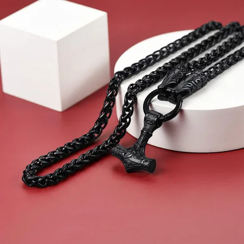 Miniatura 9 de FaithHeart Collar punk nórdico vikingo para hombre collar grueso acero inoxidable Mjolnirnudo celta cabeza de lobo colgante de amuleto joyería