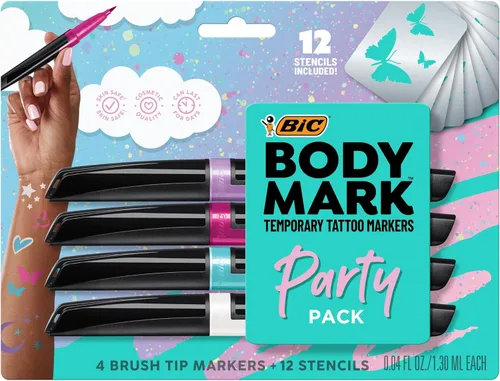 BIC BodyMark Party Pack - Marcador temporal de tatuaje para piel, punta de pincel premium, regalos para adolescentes, paquete de 4 unidades